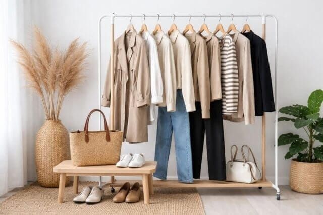 Klädställning med neutrala plagg, skor och accessoarer för en genomtänkt garderob